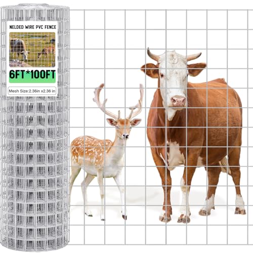 Gisafai 16 Gauge Galvanized Welded Wire Fence 6 ft x 100 ft PVC Coated Hardware Cloth, 2.36" x 2.36" Mesh, Heavy Duty Garden Fencing Roll for Yard Chicken Dog, Deer Cattle & Animal Protection(Silver) - color: Silver, size: 6 ft X 100 ft