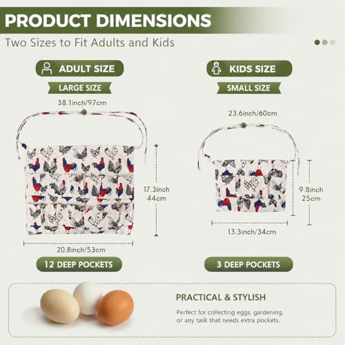 2 Pack Egg Apron Hossmily, Egg Collecting Apron for Chicken Duck Goose Eggs, Chicken Egg Apron for Housewife Farmhouse Kitchen Restaurant Parent-Child Activities, Adult 12 Pockets &Child 3 Pockets