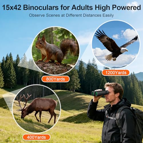 15x42 Binoculars for Adults High Powered for Bird Watching Cruise Ship | FMC BAK4 Optics for Wide HD View, Portable Lightweight Binoculars for Hunting Traveling, Easy Focus with Phone Adapter