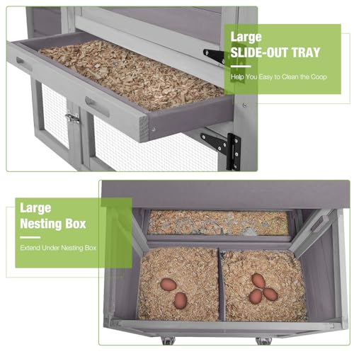 GUTINNEEN Mobile Chicken Coop with Wheels for 2-4 Chickens, Expandable Wooden Hen House with Divided Nesting Box, Reinforced Coop Balcony, Roosting Perch, Metal Pull-Out Tray, 82.4" L (Brown) - color: Grey, size: 80.7"L x 22.0"W x 44.1"H