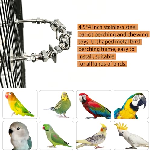 4.5 * 4inch Stainless Steel Parrot Perch with Chew Toys, U-Shaped Metal Bird Perch Stand, Easy Install, for Large and Medium Birds