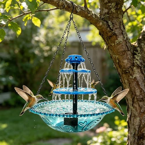 Solar Powered Hanging Bird Bath Fountain, 3-Tier Cascading Water Feeder for Hummingbirds Wild Birds[16.4FT/Extra Long Cord] for Outdoor,Garden, Patio, Backyard Decor