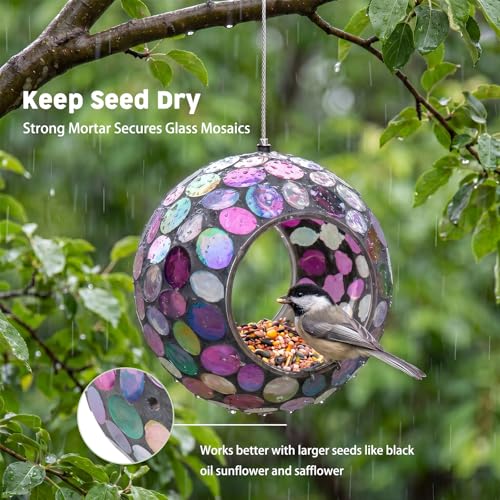 VCUTEKA Mosaic Bird Feeders Fly Through Hanging Birdfeeder for Garden Decor | 7 in Mosaic Glass Bird Feeeder for Outdoors, Purple Round Shape Glass Container Attract Wild Birds for Backyard Porch Decor - color: Black