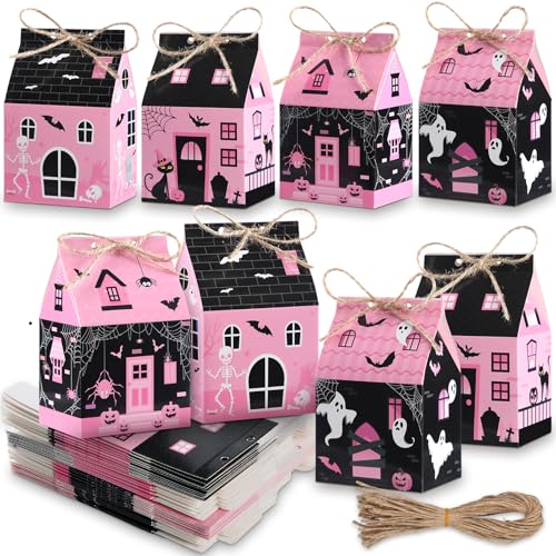 Zhanmai 48 Pcs Pink Halloween Treat Boxes Mini Black Castle House Candy Pink Box Small Halloween Paperboard Gift Container for Holiday Party Treat Cookie Goodie Snack Gift Packaging - style: Pink Halloween