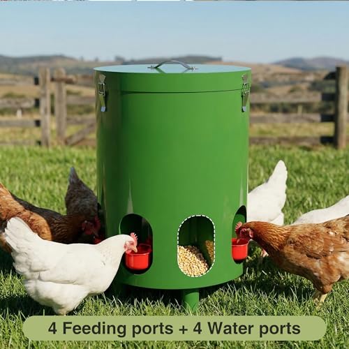 Green Chicken Feeder and Waterer Set-4 Gal/39.8 LB, Metal Chicken Feeders No Waste with 4 Cups, 4 Feeder Ports, Lid, Portable Gravity Chicken Feeder Automatic for Outdoors & Poultry
