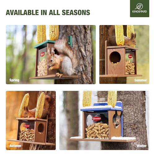 Kingsyard Squirrel Feeder Box for Outside, Recycled Plastic Squirrel Feeder Box with Corn Cob Holders, Easy to Refill & Clean, Weather-Proof (Brown) | Recycled Plastic, Corn Cob Holders, Extended Side Platform, Easy to Refill & Clean, Weatherproof Roof, B