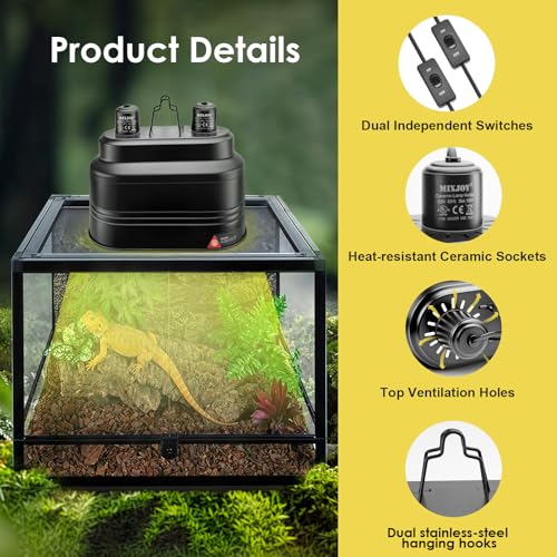 MIXJOY Dual Reptile Light Fixture, Max 160W Each Heat Lamp Fixture with Separate Switches, Fits Reptile Light/Heat Lamp/UVB Light for Lizards, Turtles, Snakes, and Amphibians