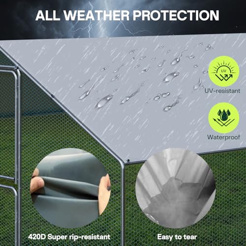 Large Metal Chicken Coop with Run, Waterproof & UV Protected Cover, Holds Up to 30 Chickens. Double Lock Doors, Spire Roof Design, Ideal for Hens, Ducks and Rabbits (13.1 x9.8 x 6.6 FT)