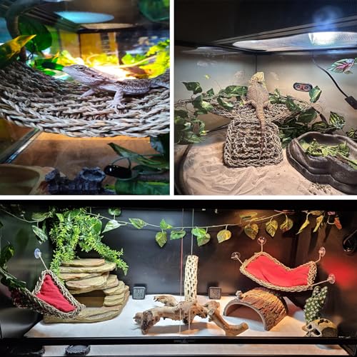 Reptile Hammock,Large Lizard Lounger,Bearded Dragon Tank Accessories Natural Seagrass Hammocks Hanging Flexible Climbing Vines Decoration for Gecko Snakes Chameleon(4 PCS)