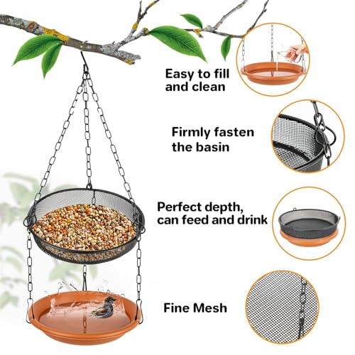 RAINFLOW Hanging Bird Bath Feeder - 2 in 1 Outdoor Water Tray for Backyard | Platform Bird Feeder for Outside Garden Patio, Attracts Wild Birds, Spring Summer Decor, Bird Lover Gift, Easy Hanging Set