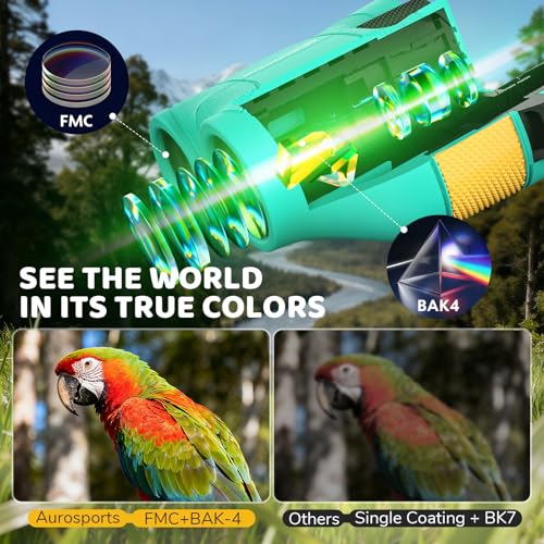 Aurosports 15x25 Compact Binoculars for Kids with Bird Guide Book, Green | Lightweight Easy Focus with Carrying Case & Strap; Durable Fully Coated; Birdwatching Cruise Travel Gift for 8-12 Boys Girls - color: Green