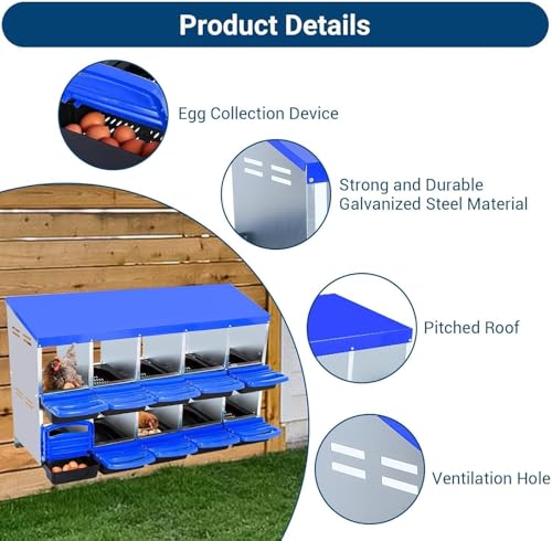 10-Hole Chicken Nesting Box with Removable Lid, Metal Chicken Coops with Roll Away Design/Easy Egg Collection/Ventilation Holes, for Chickens Coops, Duck and Hens - color: Blue, size: 10 holes without legs