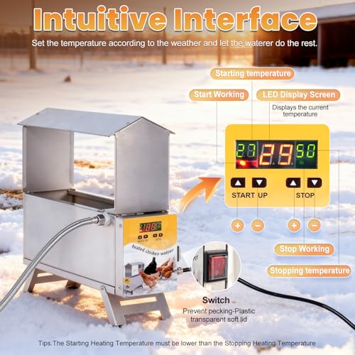 Chicken Waterer Heated 2 Gallon Chicken Water Heater for Winter Stainless Steel Poultry Drinker Heater Anti Freezing Watering Dispenser for Coop, Thermostatically Controlled