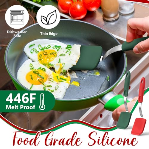 Silicone Cookie Spatula Turner 2 Pack Mini Brownie Spatula Flexible Kitchen Small Silicone Turner for Nonstick Cookware Heat Resistant No Scratch Flipper for Egg(Solid Flat,Red, Green) - color: Red, Green