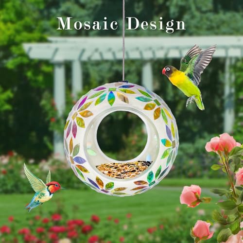 Hanging Bird Feeders for Outdoor Glass Mosaic Fly Through Wild Bird Feeder Round Shape Birdfeeder for Outside Garden Yard Patio Decoration Yellow - color: Yellow