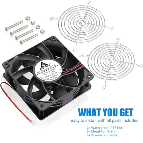 GDSTIME 120mm x 38mm 12V DC Waterproof IP67 Fan High CFM Dual Ball 2Pin | for RV Fridge, Power Station, DIY Cooling Ventilation Exhaust Projects - size: 120x38mm