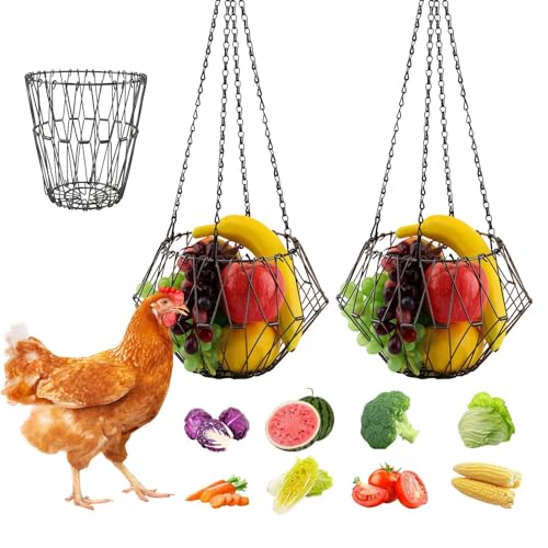 Hanging Chicken Feeder, 9.2 inches Large Poultry Vegetable Fruits Feeder Basket with 4Pcs Hanging Stainless Chain, Veggie Treat Ball for Chicken,Hens,Duck,Rabbit Coop(Size:2pcs) - size: 2pcs