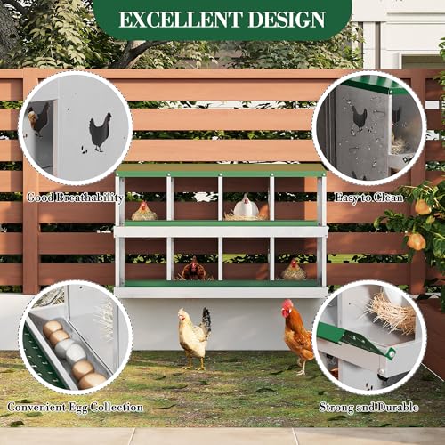 Galvanized Steel Chicken Nesting Box 8 Grids, Metal Egg Laying Boxes for Hens with Hinged Lid and Ventilated Design, Easy Clean Poultry Nest Box for Chicken Coop Accessories, Green, No Legs - color: Green, size: 8 Holes no Legs