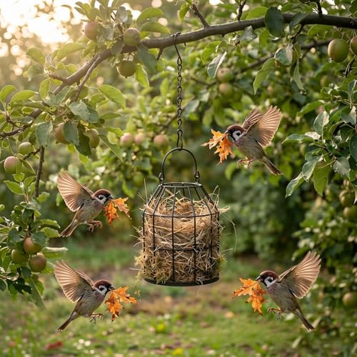 2 Pack Bird Nesting Material Holders, Refillable Metal Cage Holder for Wild Bird, Lovebirds & Hummingbird, Birdcage-shaped Hanging Decor for Outdoor Patio Yard Garden (Nesting Material Not Included)