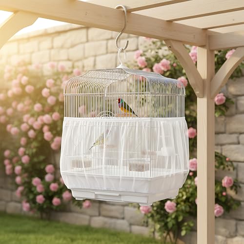 Birdcage Cover Seed Catcher - Blocks Over 90% Splashes & Mess | Set of 2 breathable mesh nets (14.56"H, 86.6"-94"girth). Use on indoor parrot setups to stop escaping and trap molting dander