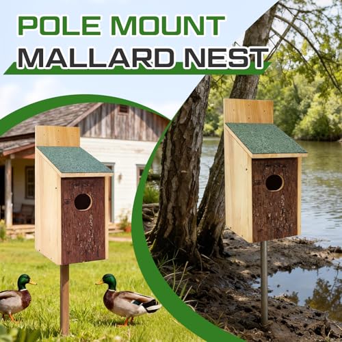 Yaocom 22.8 x 14.6 x 11.0 Inch Wooden Duck Nesting Box with Bark Door Asphalt Roof Waterproof Camouflage Duck House for Outside Tree Wall & Pole Installation