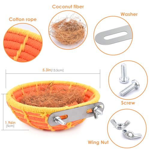 KATUMO Bird Nest, 5.3in Parrot Breeding Nest Bed with Natural Coconut Fiber Bedding for Budgie, Parakeet, Cockatiel, Conure, Lovebird, Canary, Finch, Small Birds - color: Orange+Yellow