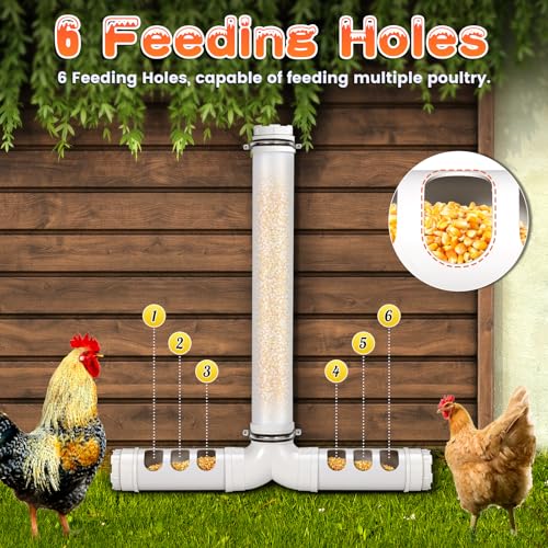 PVC Chicken Feeder No Waste 13lbs Automatic Poultry Feeder | Chicken Food Dispenser with 6 Feeding Port Gravity Poultry Feeding Trough for Ducks Turkeys Geese Quails Pigeon