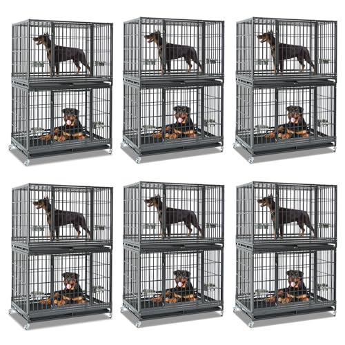 Homey Pet Two Tiers 47 Inch Large Heavy Duty Dog Crate, 6 Pack | Stackable Indestructible Kennel with Dual Trays & Grids, Wheels, Bowls, Escape Proof Locks, Double Doors for Large Dogs - size: 48"L - 2 Tiers - 6 Pack