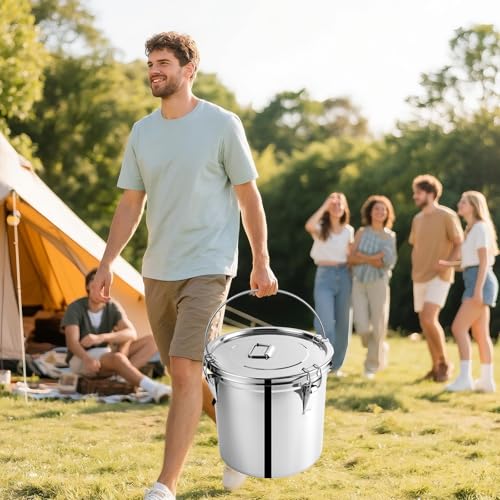 304 Stainless Steel Airtight Canister for Kitchen, 2.4Gal Food Storage Container with Lid and Locking Clamp Metal Bucket for Rice, Flour, Grain, Coffee Bean, Sugar, Cookie 9L (Handheld) - size: Handheld 9L/2.4gal