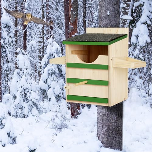 Owl House, Screech Wooden Owl Nesting Box, Weatherproof Design with Bird Stand, Large Opening, Mounting Screws, and Wood Shavings for Outside Backyard
