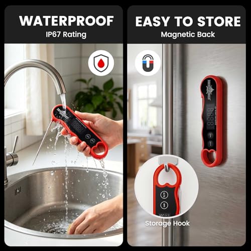 0.3s Fast Read Meat Thermometer – USB-C Rechargeable,Red | Digital instant read for BBQ, baking, and candy –no batteries needed - color: Red
