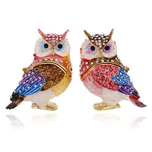 Hand Painted Enamel Couple Owl Trinket Box, Hinged Unique Mini Ring Necklace Jewelry Organizer, Classical Bejeweled Storage, Figurine Collectible Keepsake Home Decor (Couple Owl) - color: Couple Owl