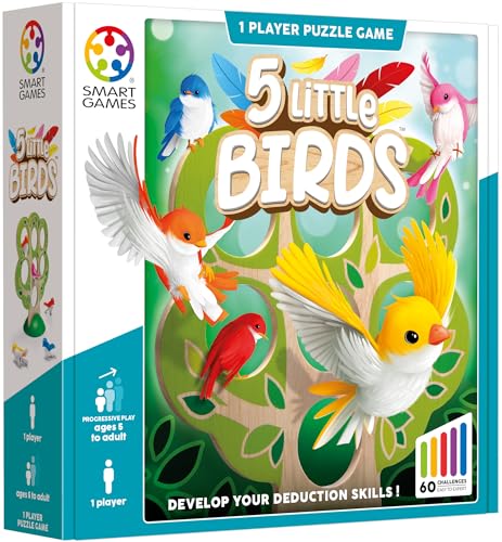 SmartGames 5 Little Birds Wooden Logic Puzzle Game with 60 Challenges – Deduction Game for Ages 5+