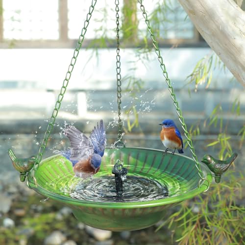 13" Hanging Bird Bath with Solar Fountain,Metal Solar Bird Bath (Green) | Hanging Solar Bird Bath,Birdbath Bubbler ,Hanging Bird Bath for Outdoors Garden, Patio & Yard.