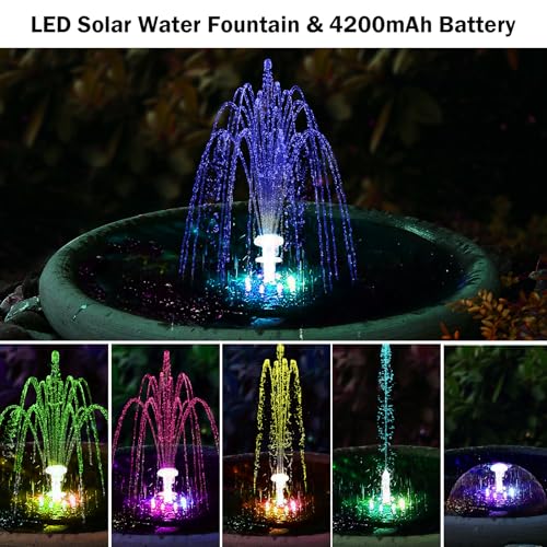 Antfraer 12W Solar Fountain Pump with 4200mAh Battery Backup& Remote RGB LED Lights, Floating Solar Water Fountain with 8 Nozzles & PVC Tubing for Bird Bath, Garden, Backyard, Outdoor Water Feature - style: 12W With Remote Lights
