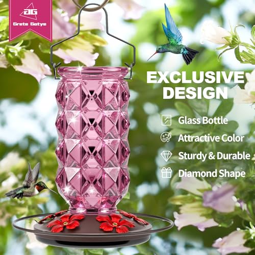 2 Pack Glass Hummingbird Feeders for Outdoors, 25 Ounces Wild Bird Nectar Feeder with Perch & 5 Flower Feeding Ports Leak Proof Hanging for Garden Backyard Decor, Gifts for Women Mom, Red & Pink - color: 2 Pack Diamond Sparkling Red & Pink