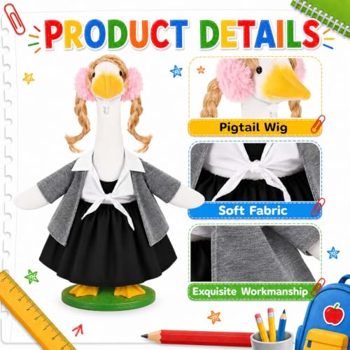 Bolsome Back to School Porch Goose Outfits School Uniform Dress with Pigtails Fits 23" Cement Plastic Goose Statue for Outdoor Garden Lawn Yard Patio Decor