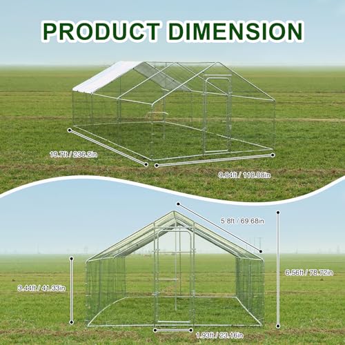 Chicken Coop Large Metal Chicken Run with Chicken Perch, Outdoor Dog Kennel with Roof Waterproof Anti-UV Cover Secure Lock for Outside Backyard Farm (19.7' L x 9.8' W x 6.72' H) - size: 236.2"L x 118.1"W x 78.7"H