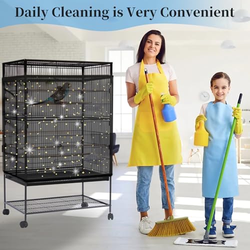 Daoeny 2PCS Bird Cage Seed Catcher, Large Bird Cage Cover, Adjustable Soft Airy Nylon Mesh, Birdcage Cover Skirt Seed Guard for Parrot Parakeet Macaw Round Square Cages (Black & White Sequins Star) - color: Black & White Sequins Star