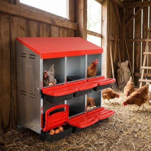 GarveeHome 2-Tier Chicken Nesting Box, 6 Compartment Metal Chicken Laying Boxes with Waterproof Roof ＆ Removable Trays for Hens, Poultry，Easy Egg Collection - color: Red, size: 6 holes