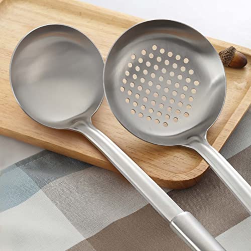 Pleafind 2-Pcs Ladle and Slotted Spoon, Soup Ladle and Strainer Spoons, Stainless Steel Cooking Spoon and Skimmer Spoons, Kitchen Utensils, Wok Utensils for Home and Restaurant, Dishwasher Safe - color: 2P-Grey