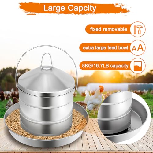 RYFT Automatic Chicken Feeder 8KG/17.6lbs, Stainless Steel Poultry Feeder, Heavy Duty Thickness 0.035 in / 0.9 mm, with Handle, Top Filled, Durable and Rust Resistant - size: 17.6lbs
