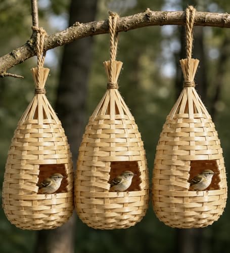GUTE Bamboo Hanging Bird Nest 3Pcs Hand Woven Outdoor Wrens Finches | Handwoven Bamboo,Natural Golden Tan Color,Lightweight with Hanging Loop,Rustic Garden Decor,Ages Outdoors,Natural Fiber