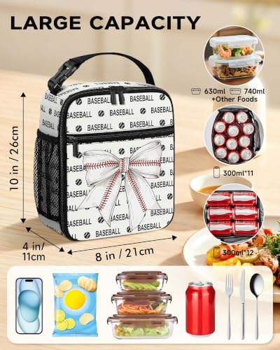 Lunch Box Girls Boys Insulated Lunch Bag for Kids Teen, Baseball Bow | Reusable Lunchbox, Cooler Tote Bag with Cup Holder, Lightweight, High Capacity, Multiple Pockets for School Work Travel - color: Baseball Bow