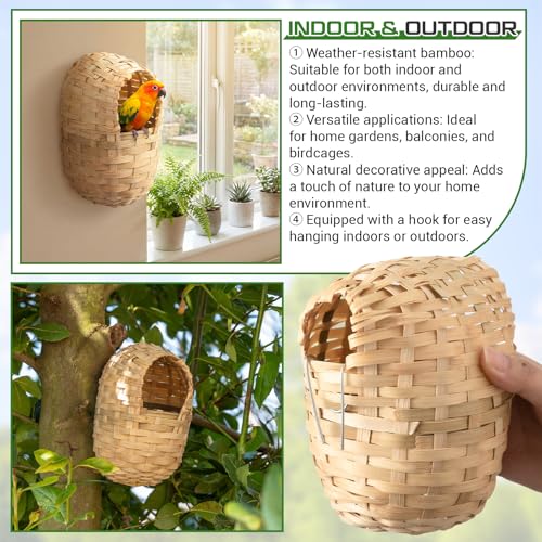 Sliner 8 Pcs Bamboo Bird Nest, Hand Woven Finch Nest for Cages, Natural Small Bird House Shelter Hideout Cage with Metal Hook, Hanging Hut Nesting Box Garden Yard Home Decor for Outdoor(5.9 Inch) - size: 5.9 Inch