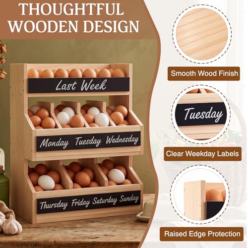 Leinuosen Wooden Egg Holder Countertop with 5 Dividers & DIY Freshness Labels to Separate, 3-tier Wood Egg Storage Basket Organizer, Large Farmhouse Kitchen Counter Display Rack