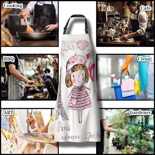 Mom Apron for Women Eiffel Tower, Little Girl in Paris Mans Aprons for Kitchen Cooking Restaurant BBQ Painting Crafting Gardening 27” (W) x 31” (H), Waterproof Apron - color: Eiffel Tower
