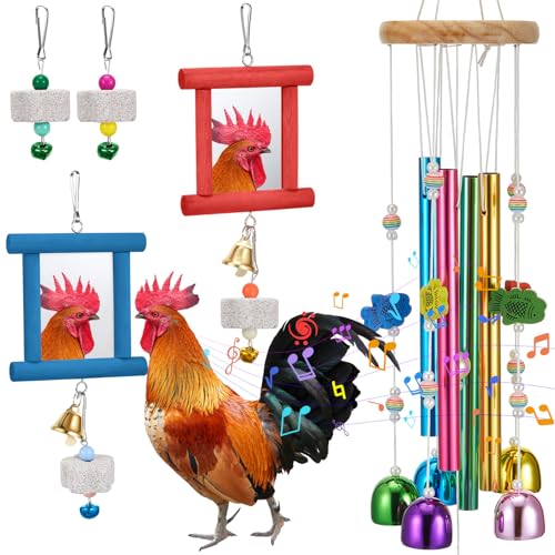 VioraWhite 7 Pcs Chicken Toys, Hanging Chicken Wind Chime, 2 Pcs Coop Mirror Toys with Bells 4 Pack Beak Grinding Stones, Musical Coop Accessories for Hen Rooster Chick Poultry Bird(Rose Red, Blue) - color: Rose Red, Blue