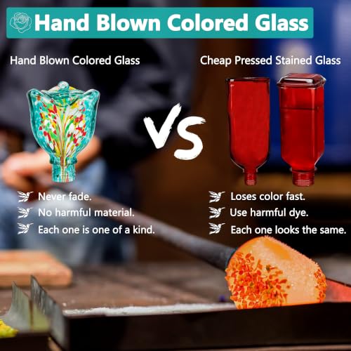 LUJII Rose Shaped Hummingbird Feeder for Outdoor Hanging, Hand-Blown Glass, 25 fl.oz, Leak-Proof and Rustproof, with Ant Moat and 5-Port Metal Cover, Teal - color: Teal