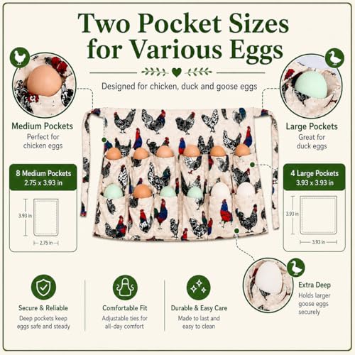 Egg Apron - Collect Eggs from Chicken, Duck, Goose with 7 Pouches - Perfect for Housewife, Farmhouse, Kitchen, Restaurant, Parent-Child Activities